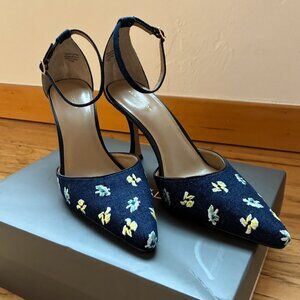 Ann Taylor Denim Embroidered Ankle Strap Pump